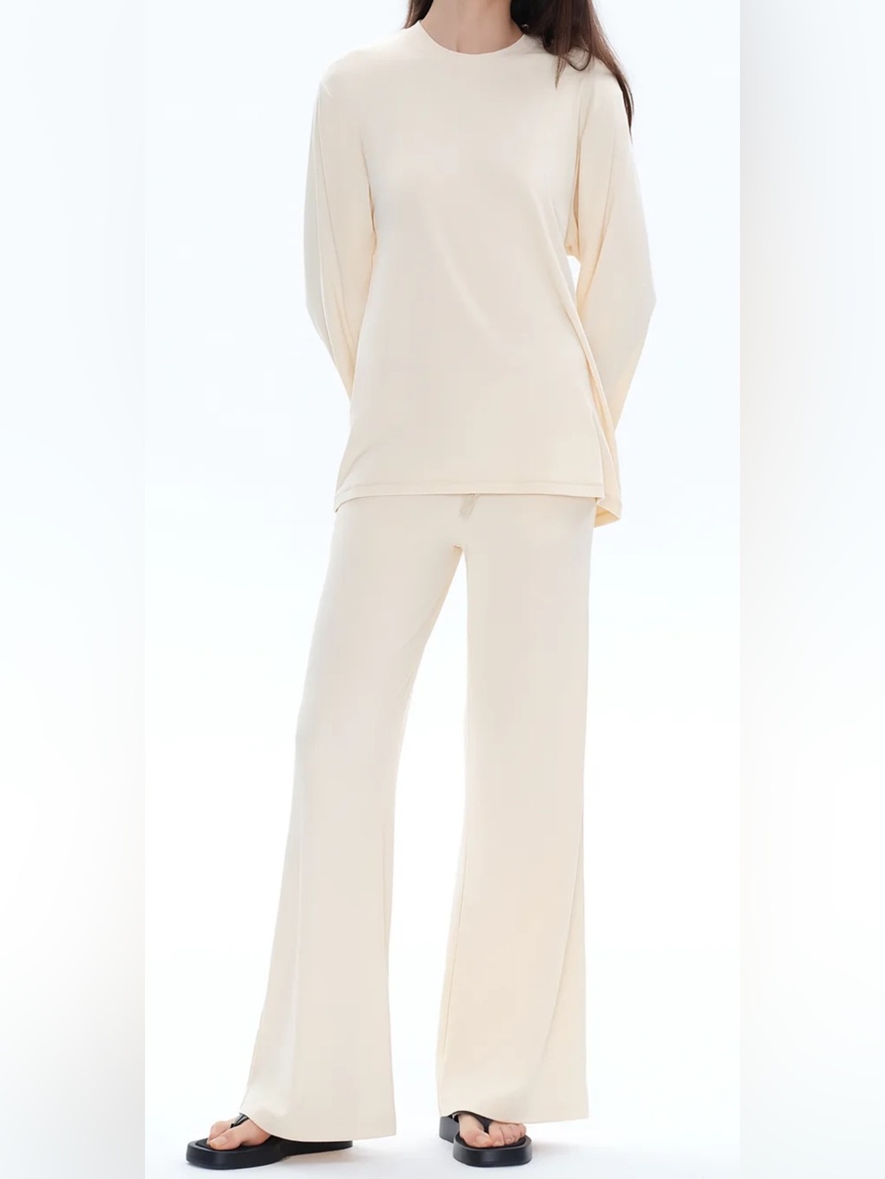 Women's Cream Lounge Set - Soft Long Sleeve Top & Wide Leg Pants